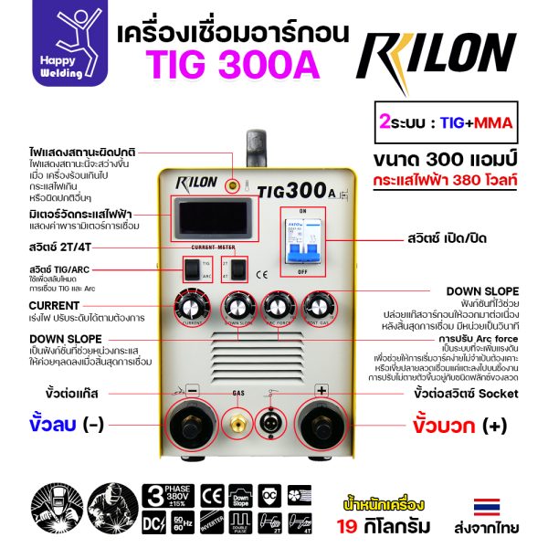 RILON TIG300A เครื่องเชื่อมอาร์กอน+เชื่อมธูปไฟฟ้า ใช้ไฟ380V รุ่นงานหนักแบบโรงงาน ไฟแรงและต่อเนื่องยาวไม่มีพักจนเสร็จงาน