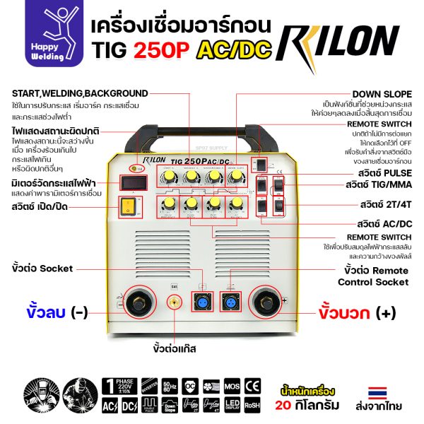 RILON TIG250P AC/DC เครื่องเชื่อมอาร์กอน3ระบบ ใช้ไฟบ้าน 220V เชื่อมอาร์กอน เชื่อมอาร์กอนอลูมิเนียม เชื่อมธูปไฟฟ้า