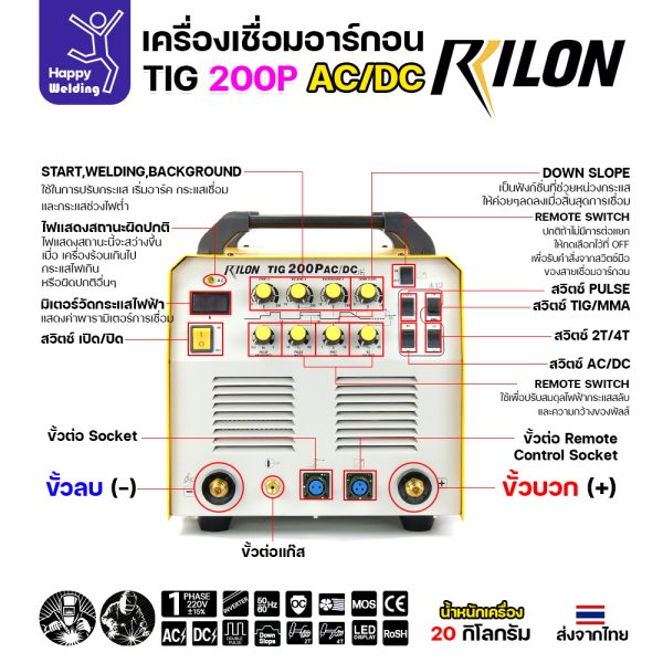 RILON TIG200P AC/DC เครื่องเชื่อมอาร์กอน3ระบบ ใช้ไฟบ้าน 220V เชื่อมอาร์กอน เชื่อมอาร์กอนอลูมิเนียม เชื่อมธูปไฟฟ้า