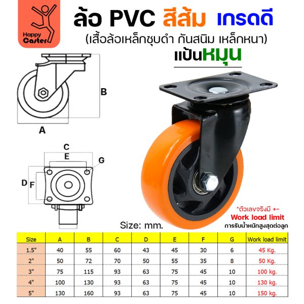 ล้อ PVC สีส้ม รุ่นCM3 แป้นหมุน 5″