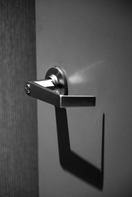 A black and white photo of a metallic doorknob casting a shadow on a door.