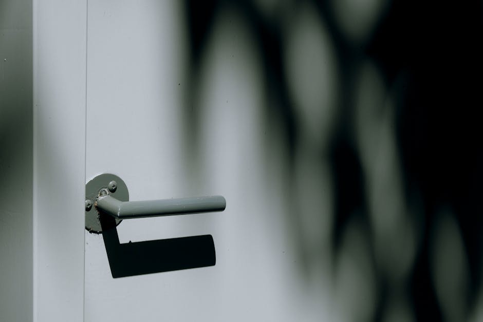 Close-up of a modern steel doorknob with dramatic light and shadow contrast outdoors.