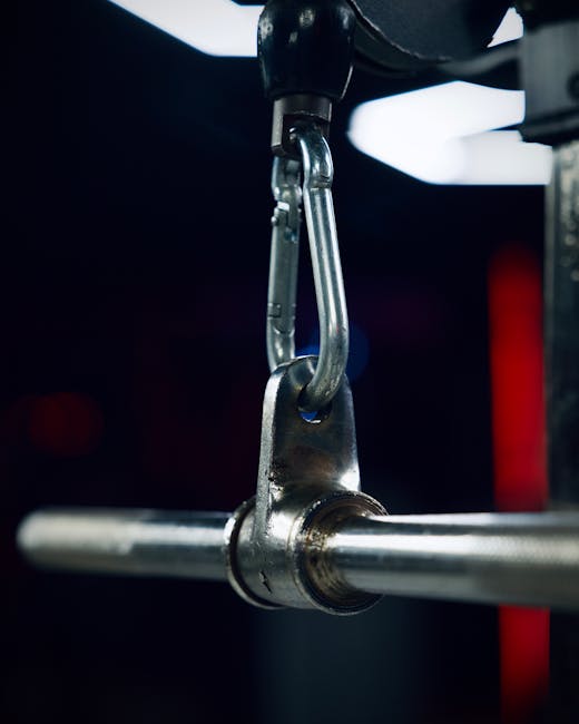 Detailed close-up of gym equipment featuring a metal hook and barbell connector.