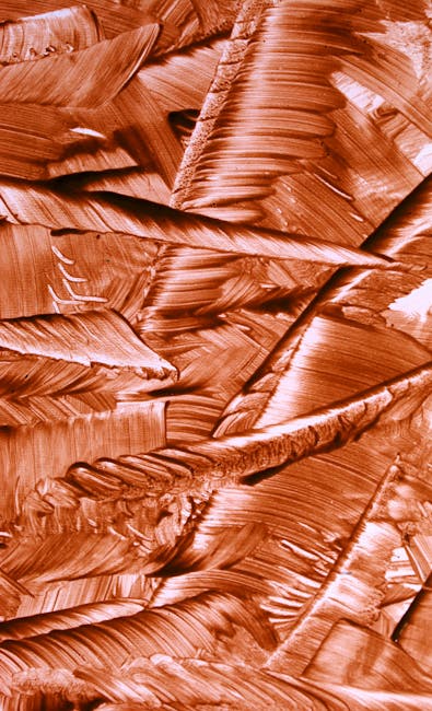 An abstract painting with bold copper brush strokes creating a dynamic texture.