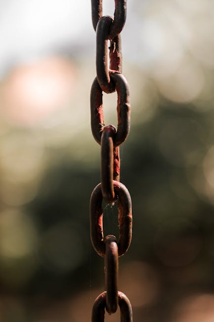 Detailed view of a rusty metal chain with blurred background, symbolizing strength and age.