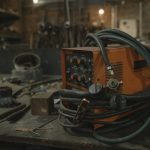 Close-up of a welding machine in an industrial workshop setting.