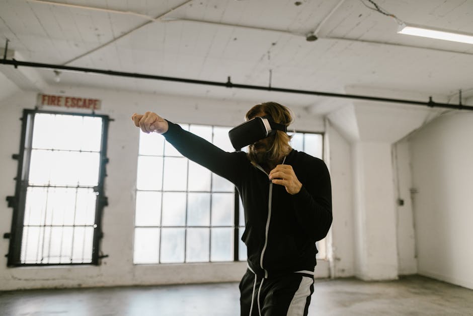 A man using virtual reality headset indoors, simulating a boxing workout in a modern, minimalist space.