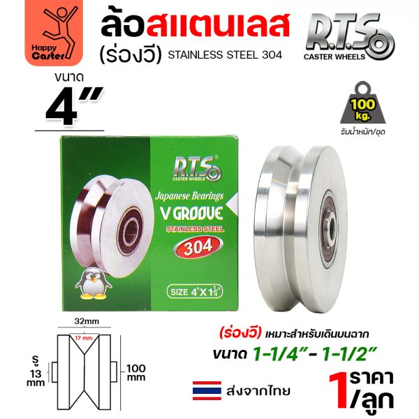 RTS ลูกล้อ สแตนเลส 4"x1-1/4"x1/2" ร่องวี