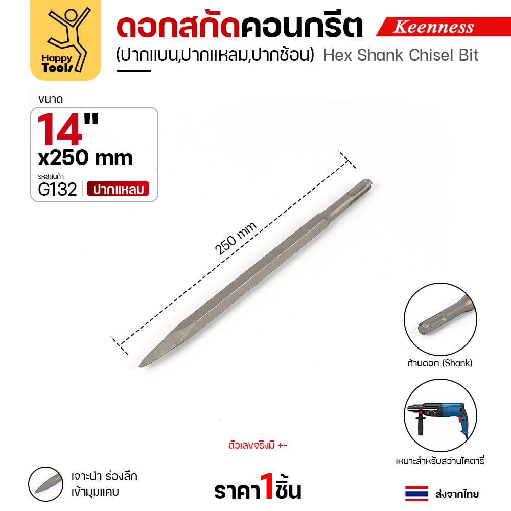 Keenness G132 ดอกสกัดคอนกรีต 14x250 ปากแหลม สลักแบบ SDS Plus (Chisel)
