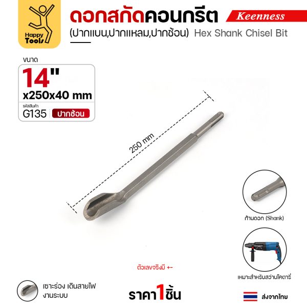 Keenness G135 ดอกสกัดคอนกรีต 14x250 ปากช้อน สลักแบบ SDS Plus (Chisel)