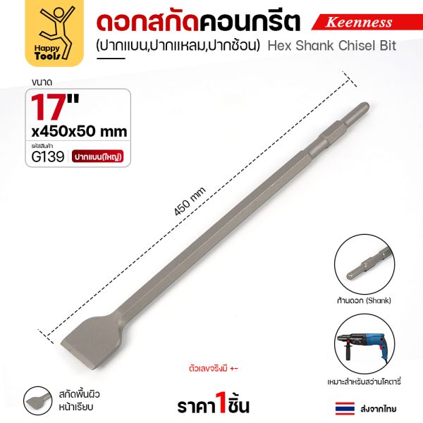 Keenness G139 ดอกสกัดคอนกรีต 17x450 ปากแบน (50มม) สลักแบบ Hex (Chisel)