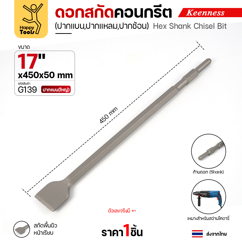 Keenness G139 ดอกสกัดคอนกรีต 17x450 ปากแบน (50มม) สลักแบบ Hex (Chisel)