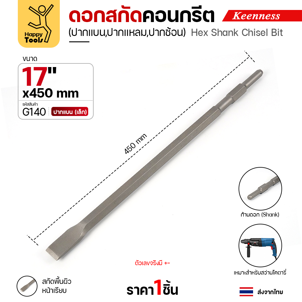 Keenness G140 ดอกสกัดคอนกรีต 17x450 ปากแบน (22มม) สลักแบบ Hex (Chisel)