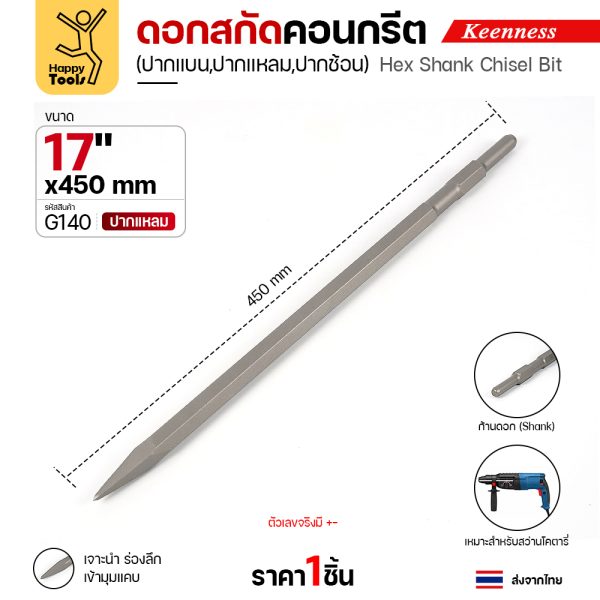 Keenness G141 ดอกสกัดคอนกรีต 17x450 ปากแหลม สลักแบบ Hex (Chisel)
