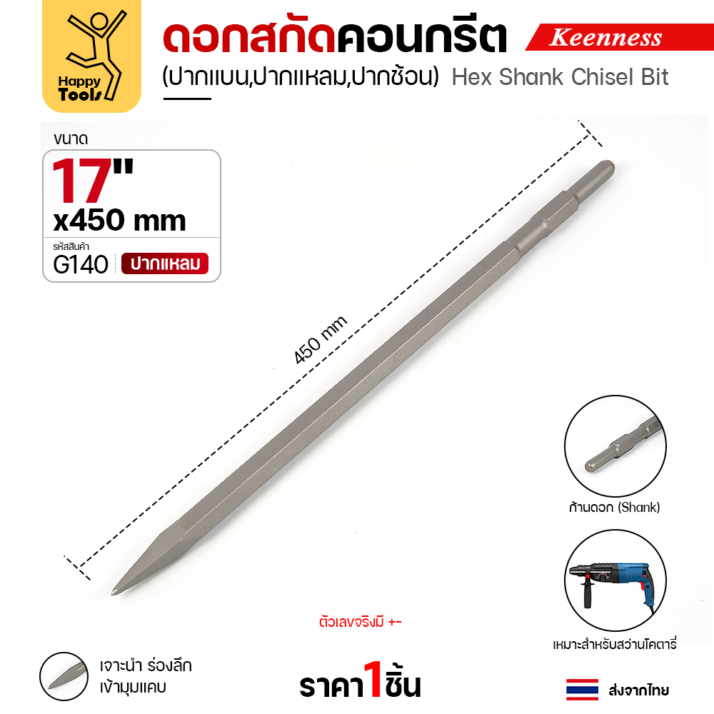 Keenness G141 ดอกสกัดคอนกรีต 17x450 ปากแหลม สลักแบบ Hex (Chisel)