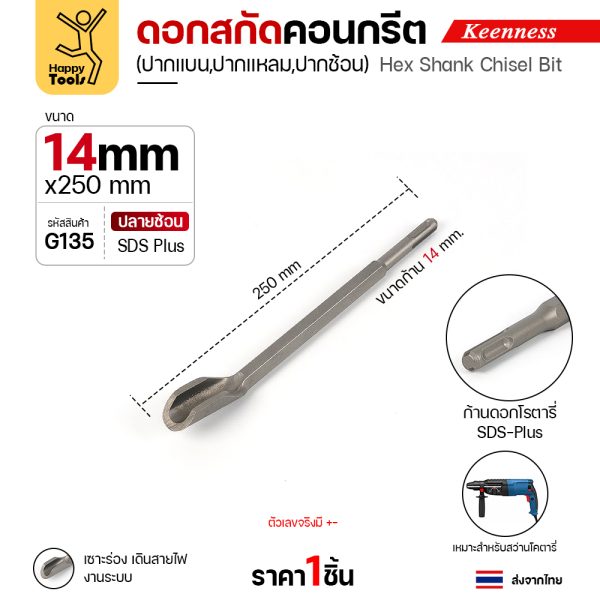 Keenness G135 ดอกสกัดคอนกรีต 14×250 ปากช้อน สลักแบบ SDS Plus (Chisel)