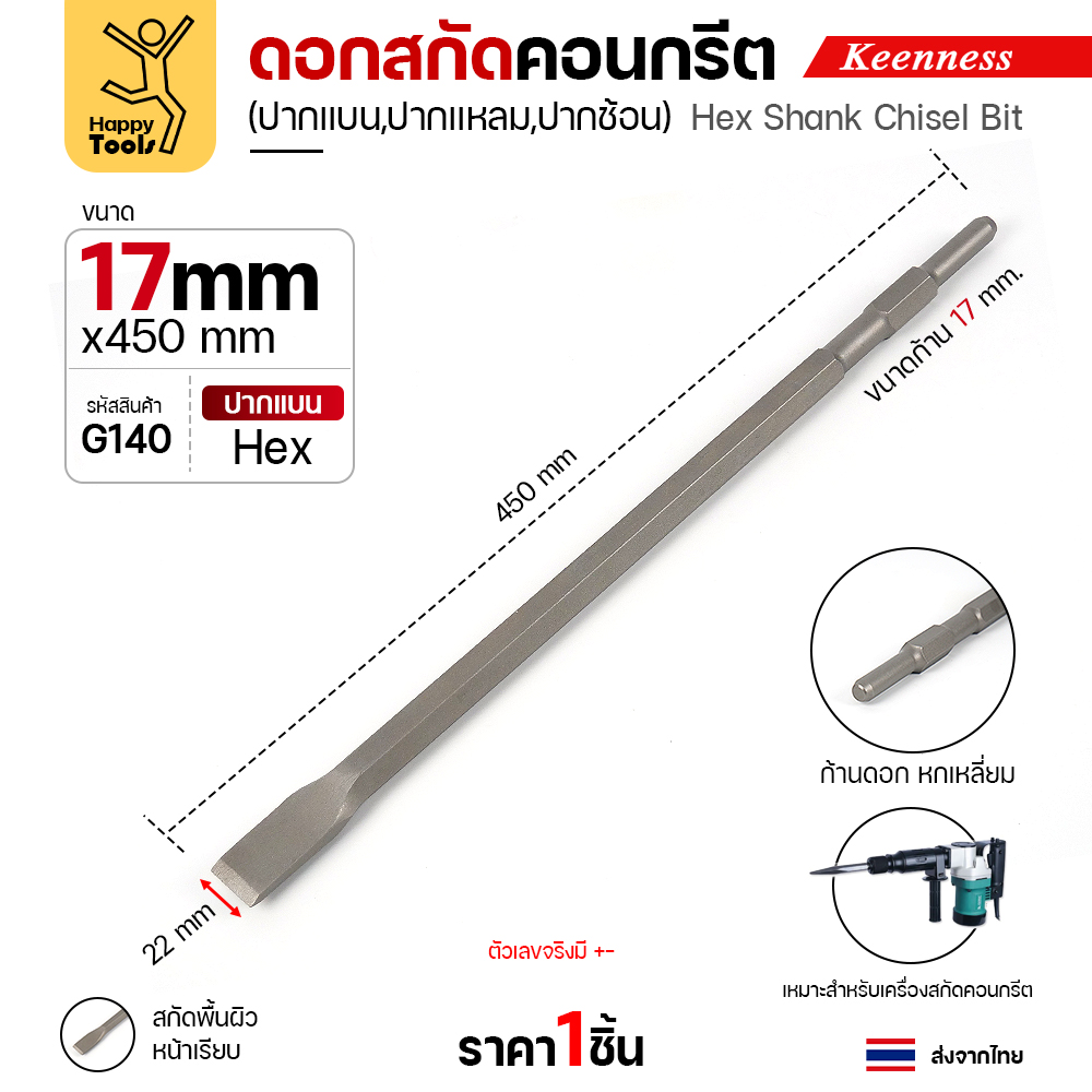 Keenness G140 ดอกสกัดคอนกรีต 17×450 ปากแบน (22มม) สลักแบบ Hex (Chisel)