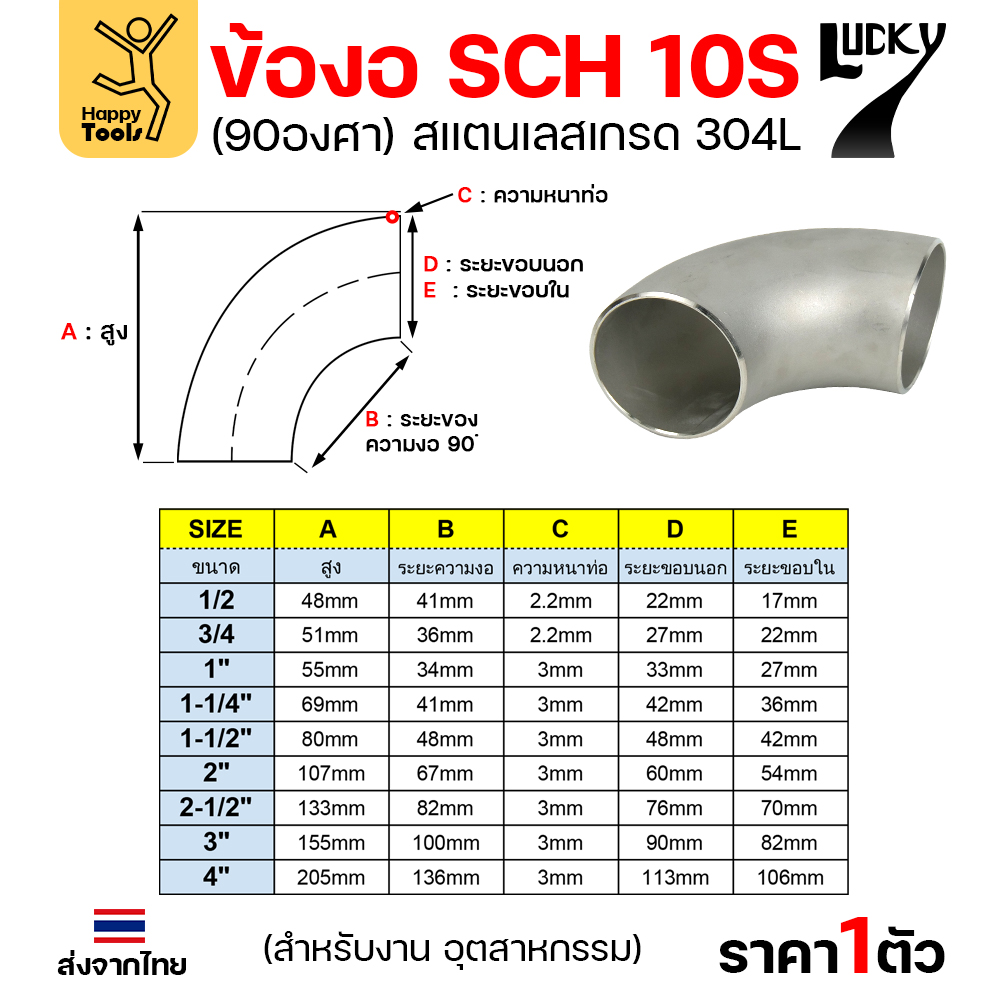 Lucky7 ข้องอสแตนเลส 304L 90° SCH10