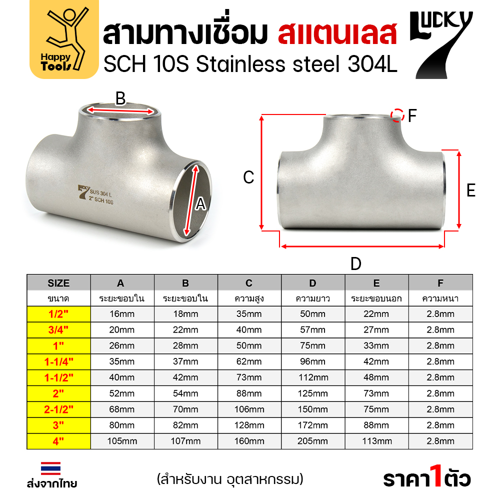 Lucky7 สามทางด้านเท่า สแตนเลส 304L SCH10
