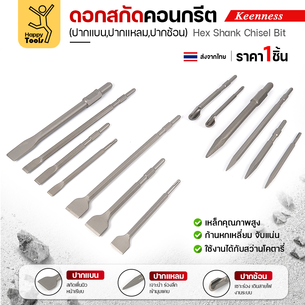 ดอกสกัดคอนกรีต Keenness — ชุดปากแบน ปากแหลม ปากช้อน ก้าน SDS-Plus/Hex