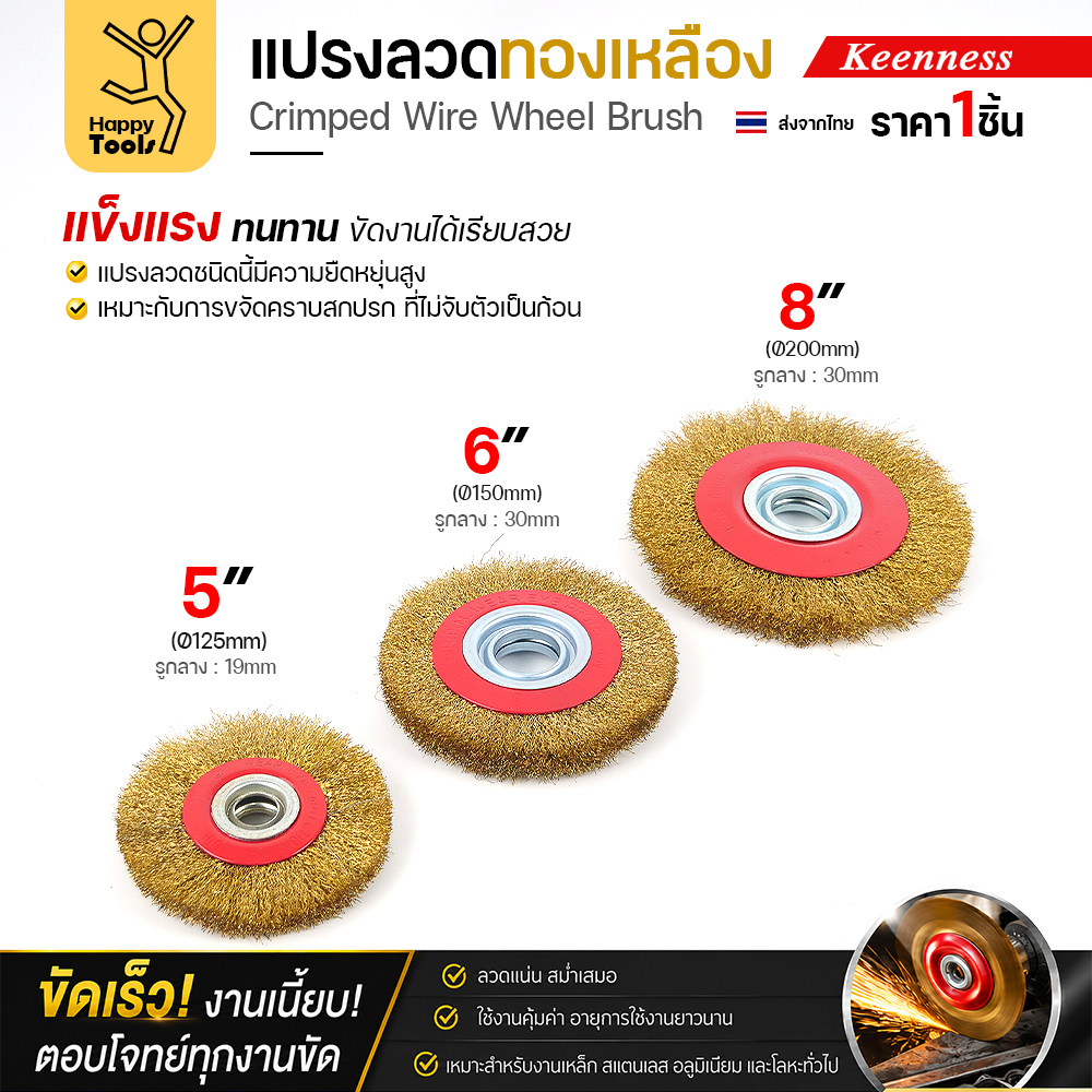 เทียบขนาดแปรงลวดกลมทองเหลือง 5 นิ้ว รู 19 มม. · 6 และ 8 นิ้ว รู 30 มม.