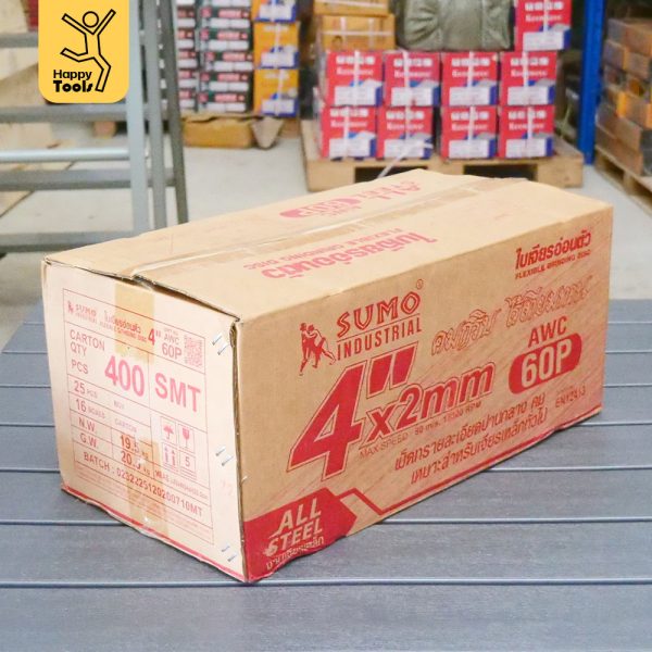 ลัง SUMO ใบเจียรอ่อนตัว AWC60P 4 นิ้ว บรรจุ 400 ใบ พร้อมข้อมูลข้างลัง