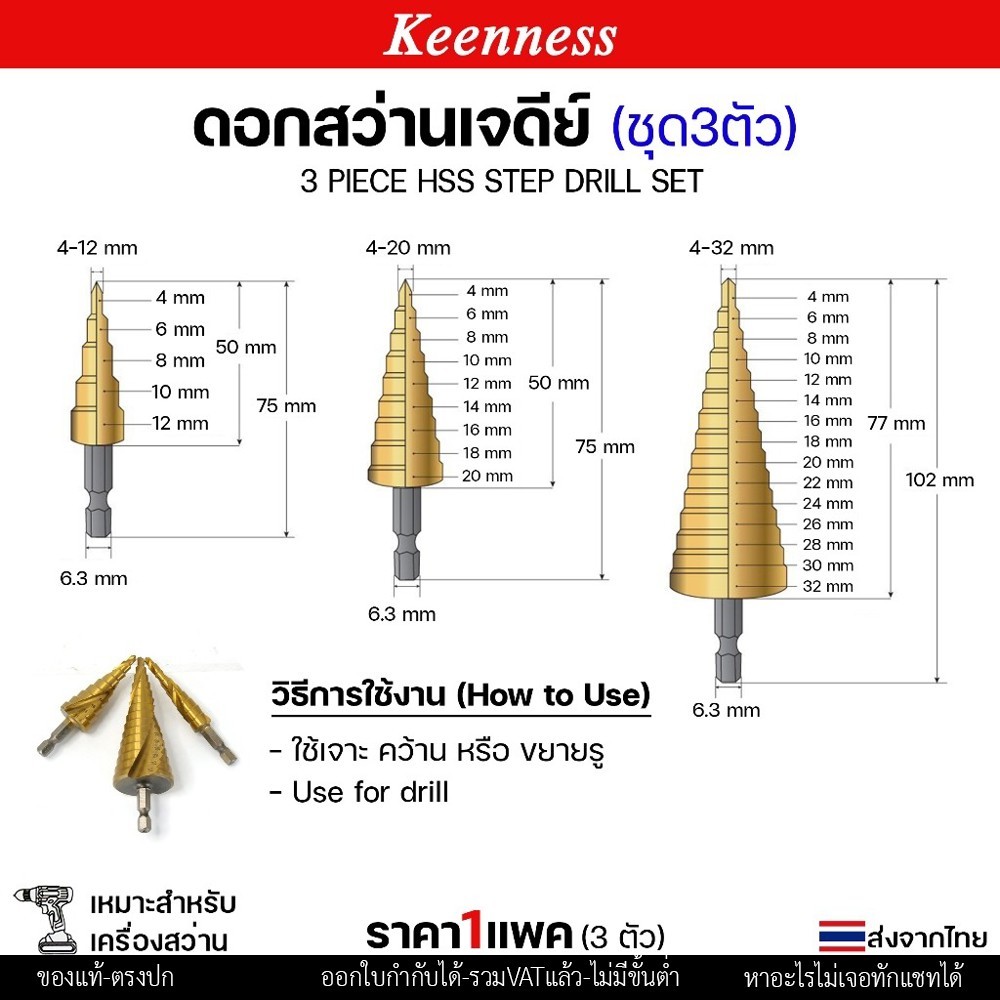 (ชุด3ตัว) Keenness ดอกสว่าน ทรงเจดีย์ HSS แกนจับ 6 มิล สว่าน สเตบ แบบ ไฮสปีด เคลือบไทเทเนียมสีทอง เจาะเหล็ก สแตนเลส - Image 5