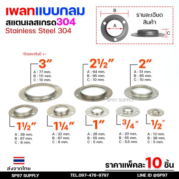 (แพค10ชิ้น) เพลทกลม เพลทสแตนเลส แป้นเพลท แป้นยึด ขนาด 1/2"- 3" สแตนเลส เกรด 304 (เลือกได้จากตัวเลือกสินค้า)