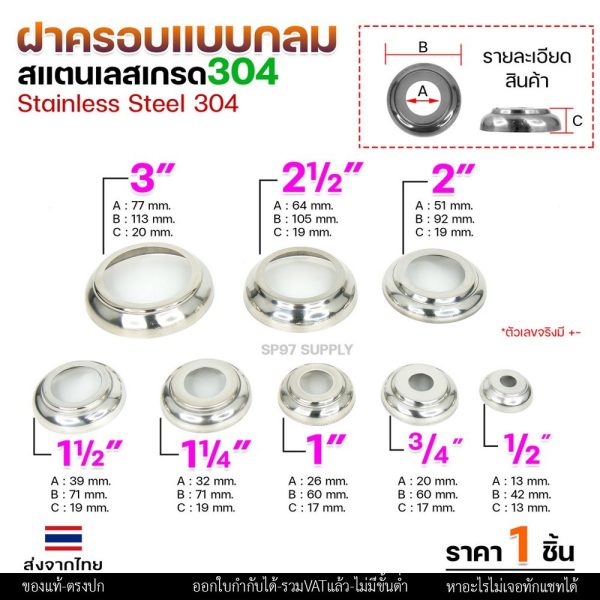 ขายแยก ฝาครอบกลม ฝาครอบสแตนเลส ขนาด 1/2"- 4" ราคาขายปลีก ต่อ 1 ชิ้น สแตนเลส เกรด 304 (เลือกได้จากตัวเลือกสินค้า)