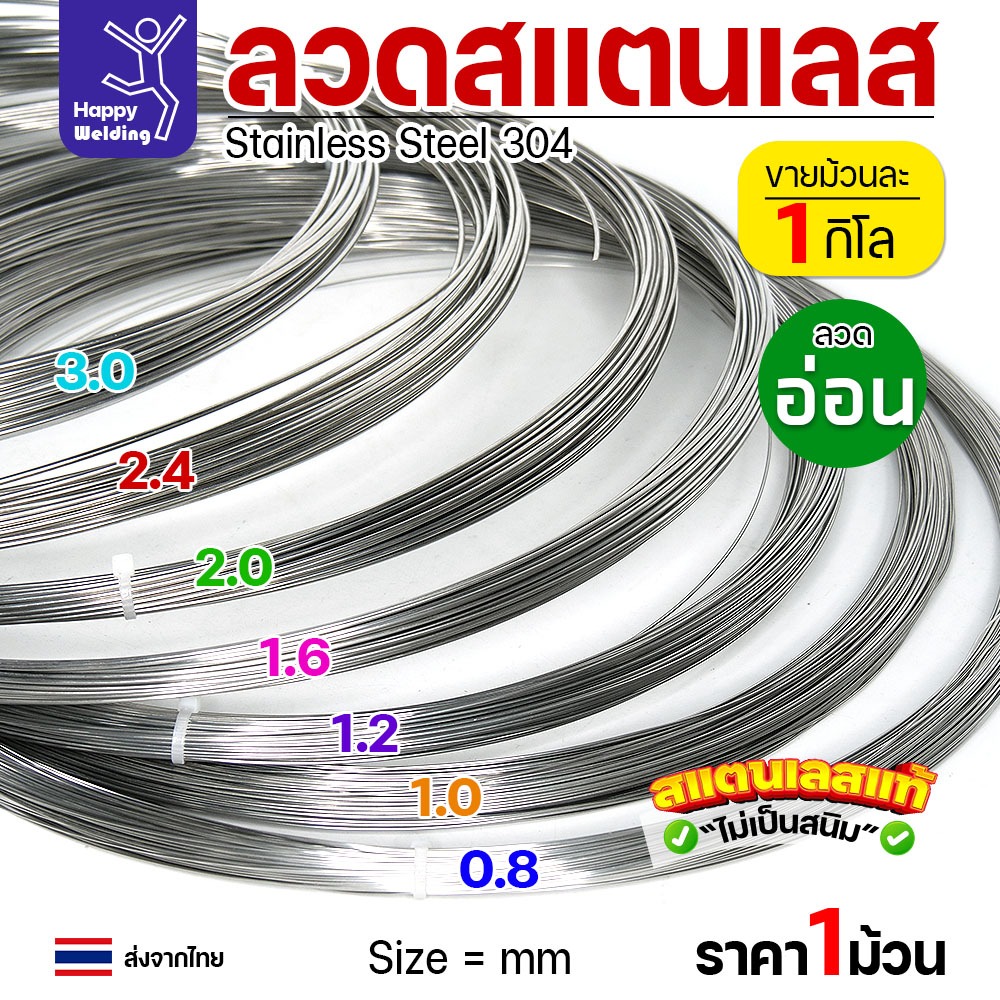 ลวดสแตนเลส 304 แบบอ่อน ม้วน 1 กก. (แบ่งขาย) — เลือกขนาด 0.8–3.0 มม.