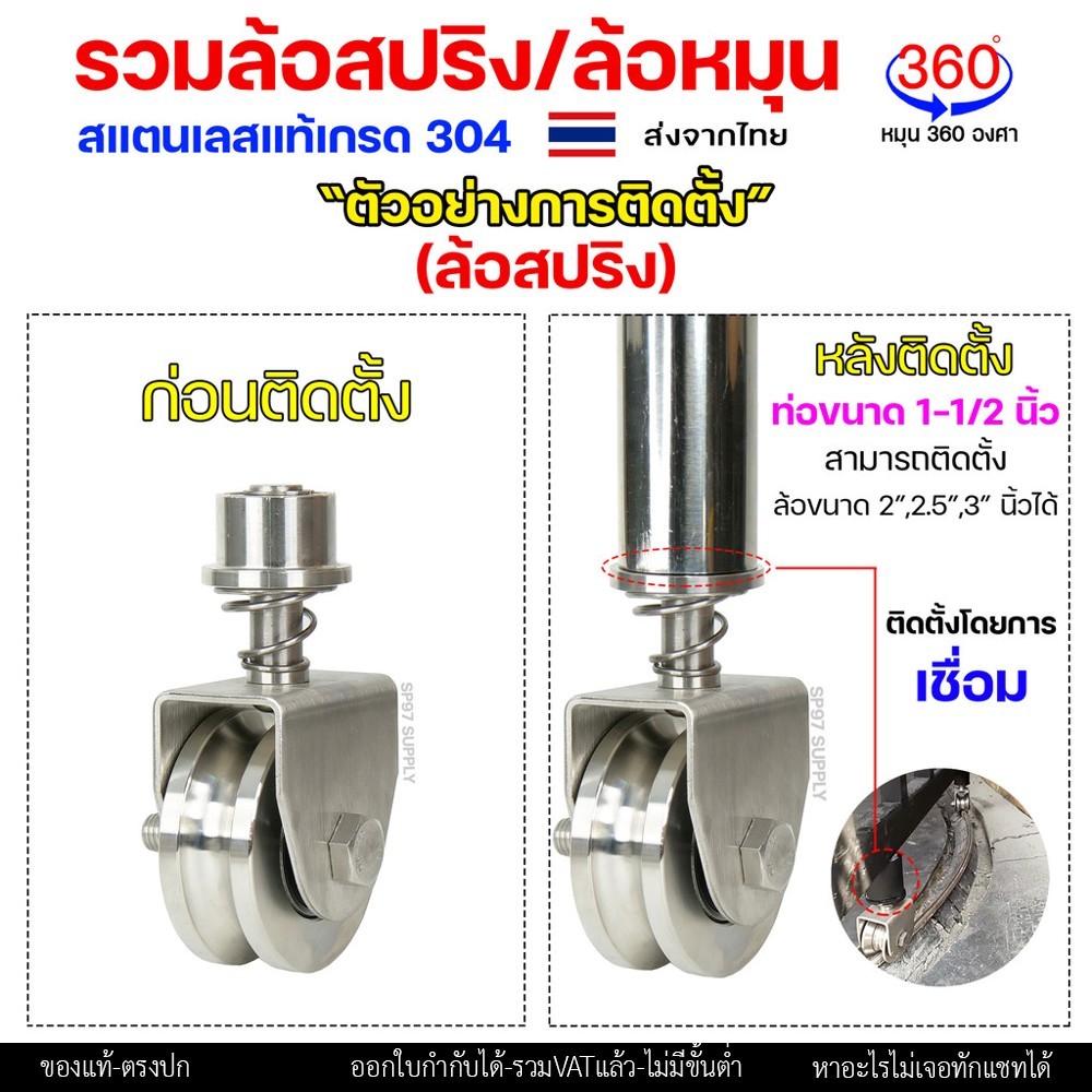รวม ชุด ล้อสปริง / ขาล้อหมุน (เพลาตัน) 360องศา สแตนเลส เกรด304 สำหรับ ประตูบานพับ ประตูบานเฟี้ยม ประตูบานโค้ง (ราคา1ลูก) - Image 2