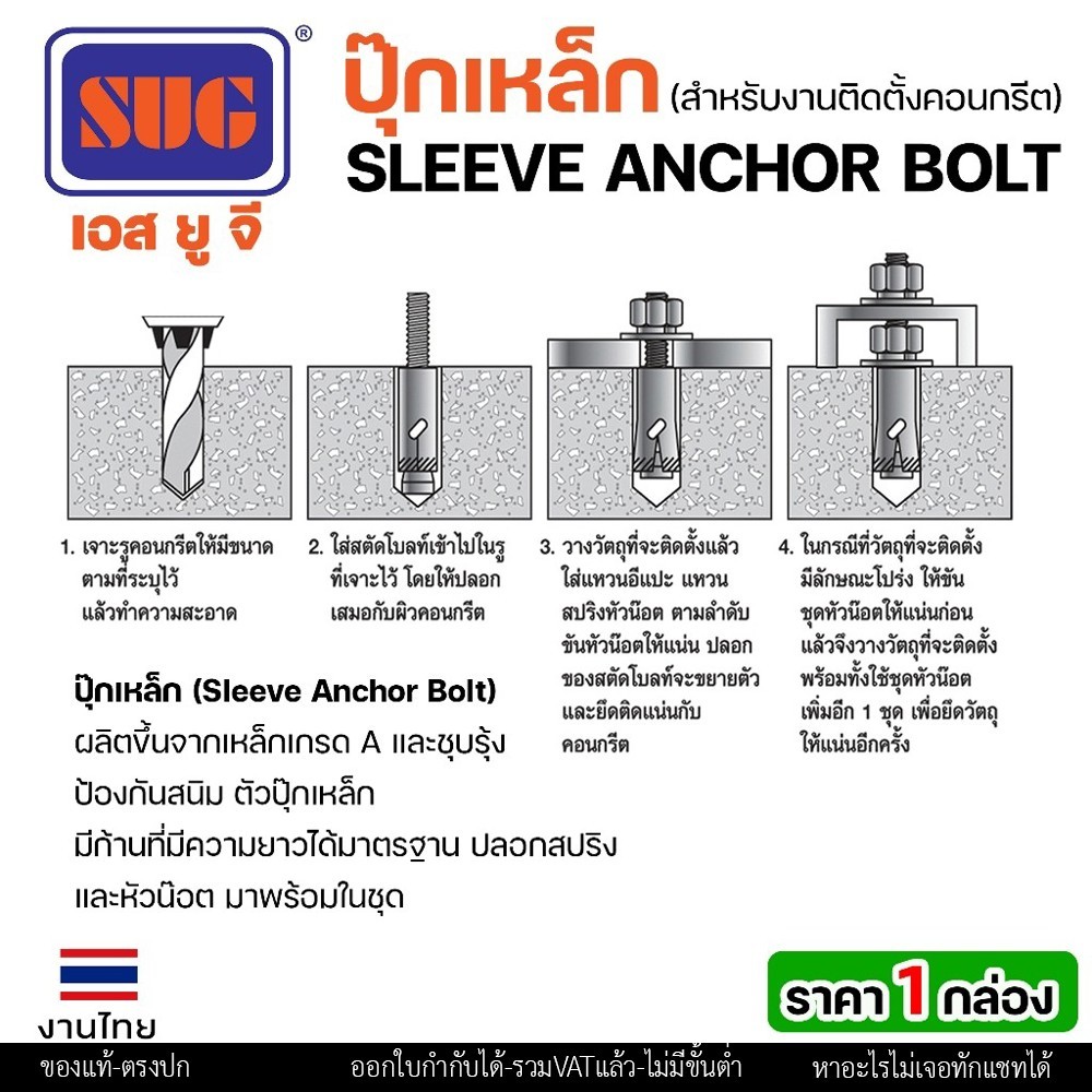 (ยกกล่อง)SUG พุกเหล็ก ชุบรุ้ง หกเหลี่ยมมีเขี้ยว ขนาด 3/16", 1/4", 5/16", 3/8",1/2" และ 5/8" พุ๊ก ปุ๊ก Sleeve Anchor Bolt - Image 4