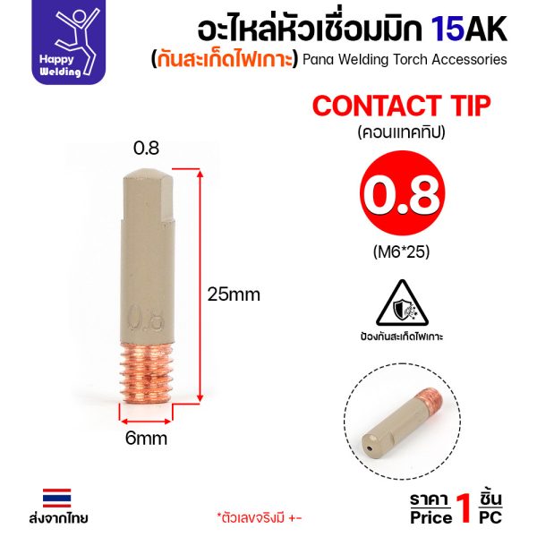 JW อะไหล่หัวเชื่อมมิก 15AK แบบเคลือบกันสะเก็ด — คอนแทคทิป M6x25 / นอซเซิลหัวเรียว (ขายแยกชิ้น)