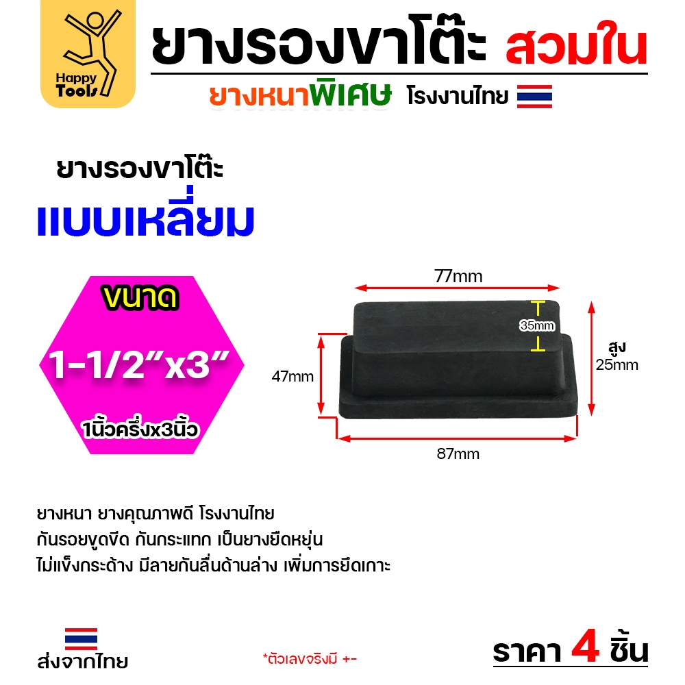 ยางรองขาโต๊ะ แบบเหลี่ยมสวมใน ขนาด 1-1/2 × 3 นิ้ว (ขา 4 × 8 ซม.) รุ่นหนา งานไทย แพ็ค 4 ชิ้น - Image 4