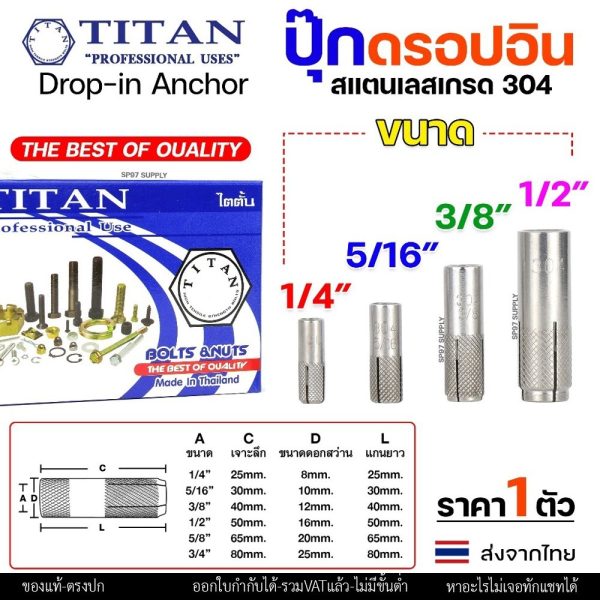 พุกดรอปอินสแตนเลส 304 (Drop-in Anchor) ขนาด 1/4 – 1/2 นิ้ว งานไทย (ราคา 1 ตัว)