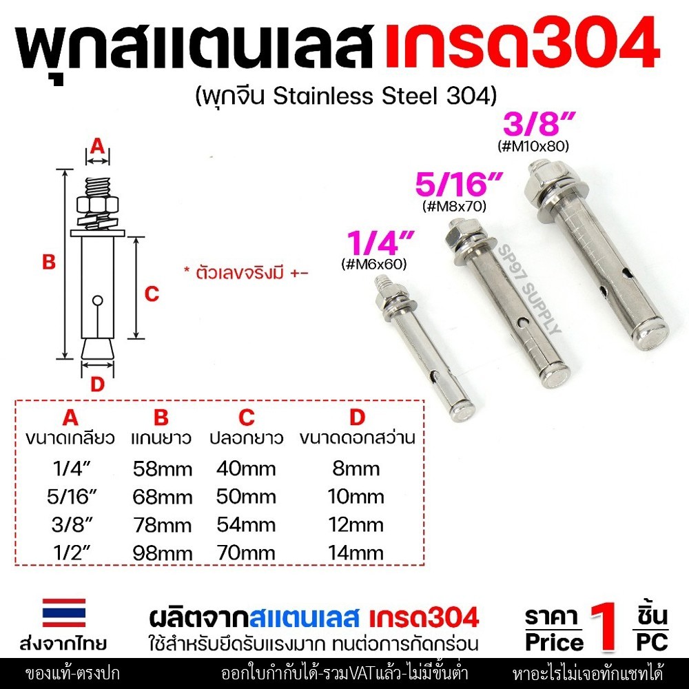 พุกสแตนเลส เกรด304 พุ๊ก(C)หัวน๊อต ตัวเมีย แหวนอีแปะ+สปริง M6,M8,M10,M12 / Sleeve Expansion Anchor Bolt with Nut - Image 2
