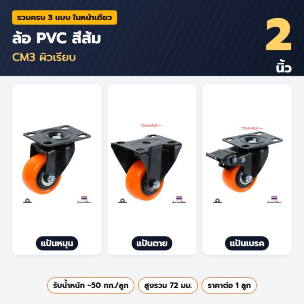 ล้อ PVC สีส้ม 2 นิ้ว CM3 ผิวเรียบ — แป้นหมุน แป้นตาย แป้นเบรค