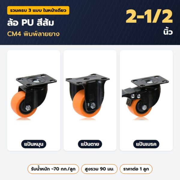 ล้อ PU สีส้ม 2-1/2 นิ้ว CM4 — แป้นหมุน แป้นตาย แป้นเบรค