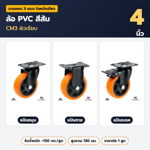 ล้อ PVC สีส้ม 4 นิ้ว CM3 ผิวเรียบ — แป้นหมุน แป้นตาย แป้นเบรค