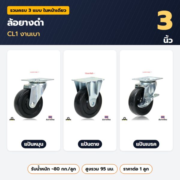 ล้อยางดำ 3 นิ้ว CL1 งานเบา — แป้นหมุน แป้นตาย แป้นเบรค