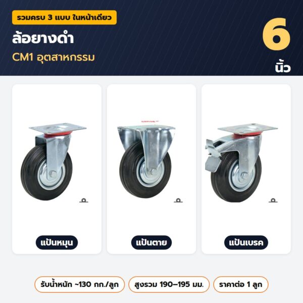 ล้อยางดำ 6 นิ้ว CM1 อุตสาหกรรม — แป้นหมุน แป้นตาย แป้นเบรค