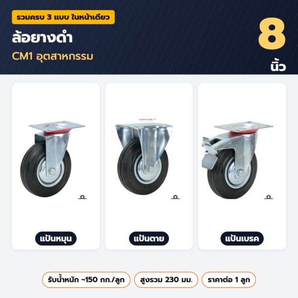 ล้อยางดำ 8 นิ้ว CM1 อุตสาหกรรม — แป้นหมุน แป้นตาย แป้นเบรค