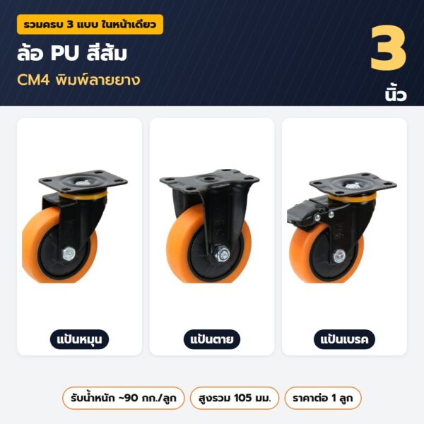 ล้อ PU สีส้ม 3 นิ้ว CM4 — แป้นหมุน แป้นตาย แป้นเบรค