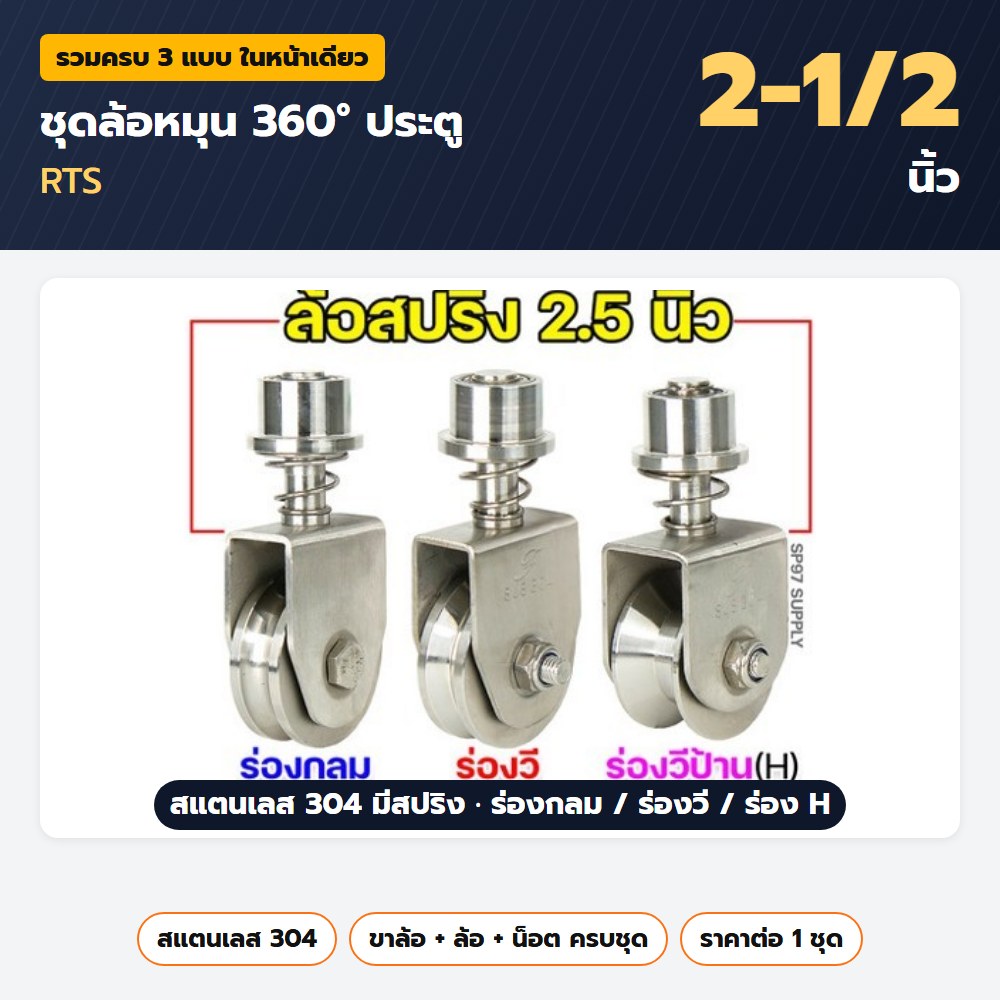 ชุดล้อหมุน 360 องศา ประตู RTS 2-1/2 นิ้ว ครบชุด — สแตนเลส 304 มีสปริง