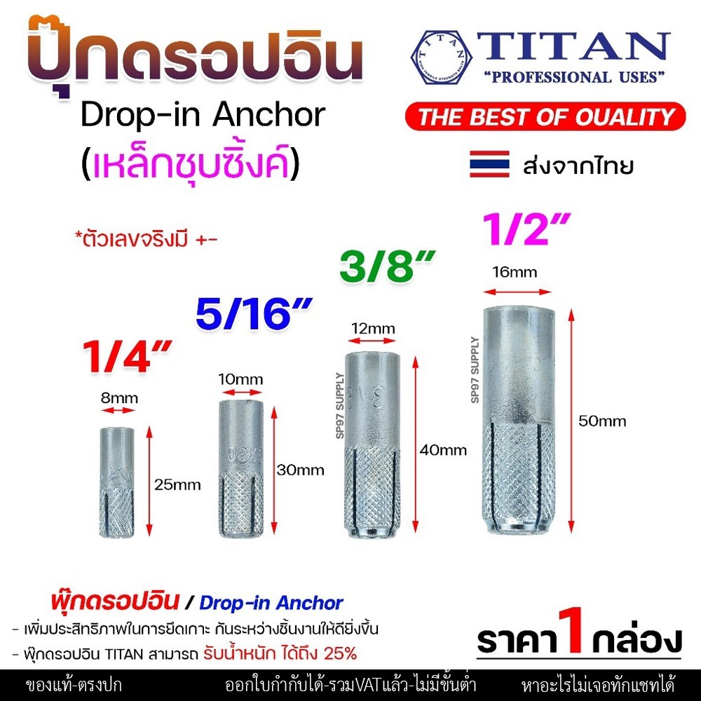 Rocket พุกดรอปอิน (พุกระเบิด) เหล็กชุบซิงค์ 1/4 นิ้ว กล่อง 100 ตัว - Image 3