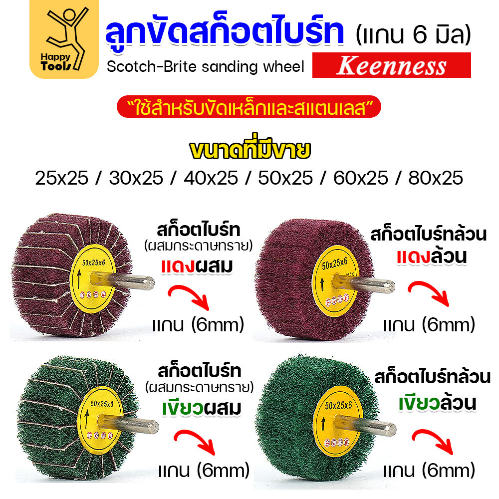 Keenness ล้อสก๊อตไบร์ทมีแกน ล้อทรายมีแกน เนื้อสีเขียวล้วน แกน 6mm เลือกขนาดได้ ขัดเหล็ก สแตนเลส ไม้ อลูมิเนียม พลาสติก เนื้อเขียว แกน6มิล กว้าง 40 หนา 25 - Image 4