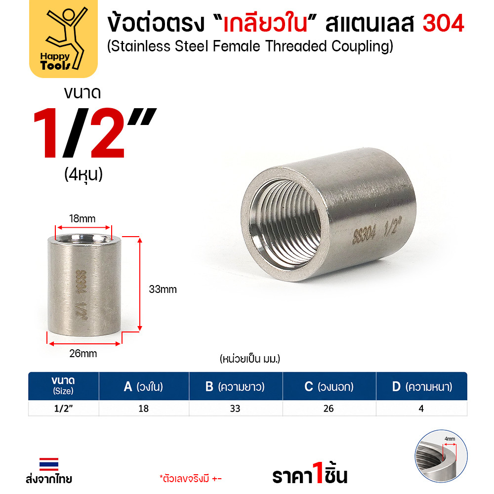 Lucky7 ข้อต่อตรงเกลียวใน สแตนเลส 304 (CPM) ขนาด 1/2 นิ้ว (4 หุน)