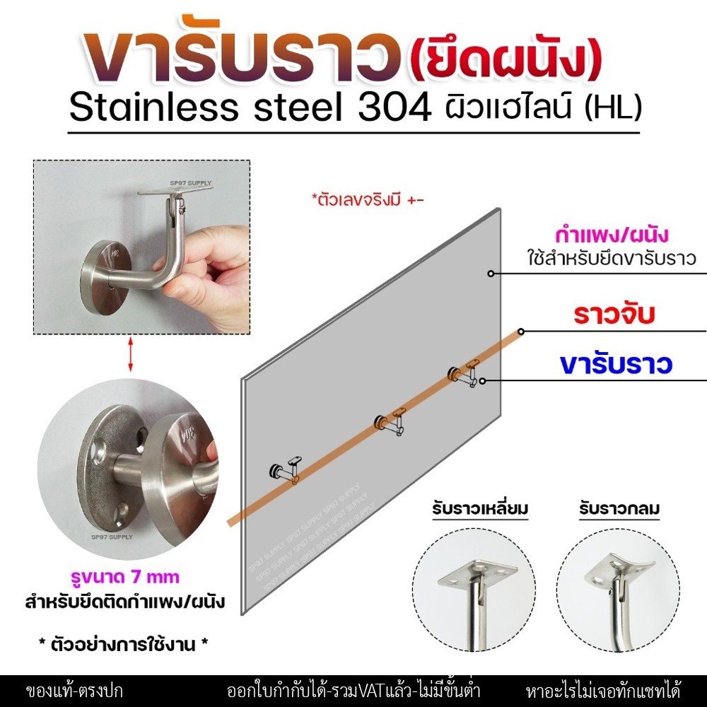 ขารับราวบันได ยึดผนัง สแตนเลส 304 แฮร์ไลน์ TB2 รับราวกลม ปรับคอได้ ราคาต่อ 1 ชิ้น - Image 2