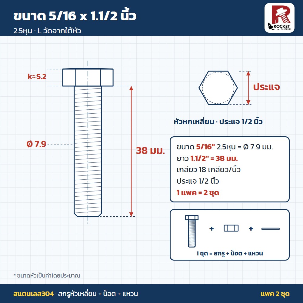 สกรูหัวเหลี่ยม สแตนเลส304 พร้อมน็อตและแหวน 5/16 x 1.1/2 นิ้ว (2.5หุน) แพค 2 ชุด ไม่เป็นสนิม - Image 2