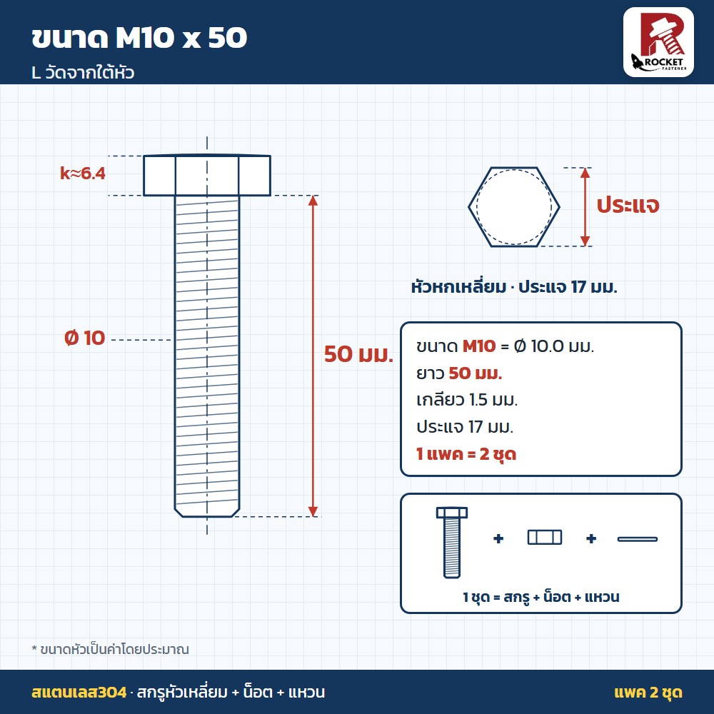 สกรูหัวเหลี่ยม สแตนเลส304 พร้อมน็อตและแหวน M10 x 50 มม. แพค 2 ชุด ไม่เป็นสนิม - Image 2